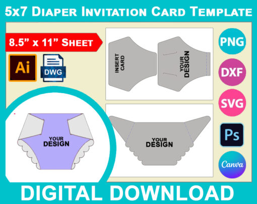 5"x7" Baby Shower Diaper Invitation Card Template